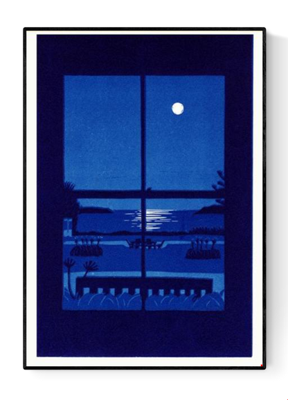 Summer Night by French illustrator Mathilde Solanet, A3 (29.7 x 42 cm) risograph print in 3 colors, limited edition of 150 signed and numbered copies. Artwork shows a serene moonlit coastal landscape through a window in rich blue tones. Printed on 150g Munken Print White paper, made in Belgium, unframed, packaged in protective sleeve with cardboard backing.
