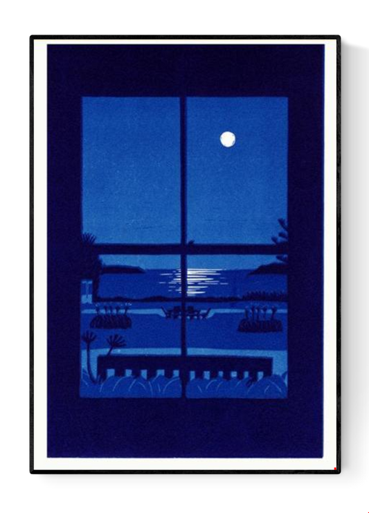 Summer Night by French illustrator Mathilde Solanet, A3 (29.7 x 42 cm) risograph print in 3 colors, limited edition of 150 signed and numbered copies. Artwork shows a serene moonlit coastal landscape through a window in rich blue tones. Printed on 150g Munken Print White paper, made in Belgium, unframed, packaged in protective sleeve with cardboard backing.