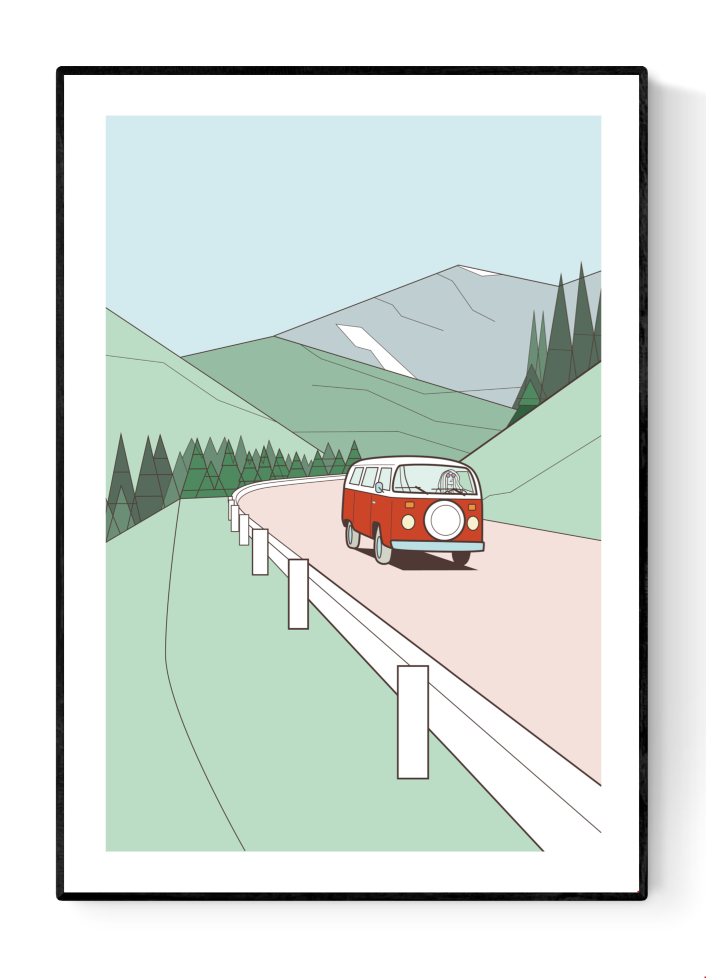 Minimalist art print of a red vintage van driving through green hills with pine trees and mountains in the background – travel-themed illustration by Floor 4 Productions