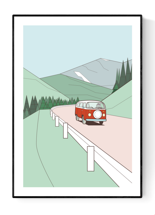 Minimalist art print of a red vintage van driving through green hills with pine trees and mountains in the background – travel-themed illustration by Floor 4 Productions