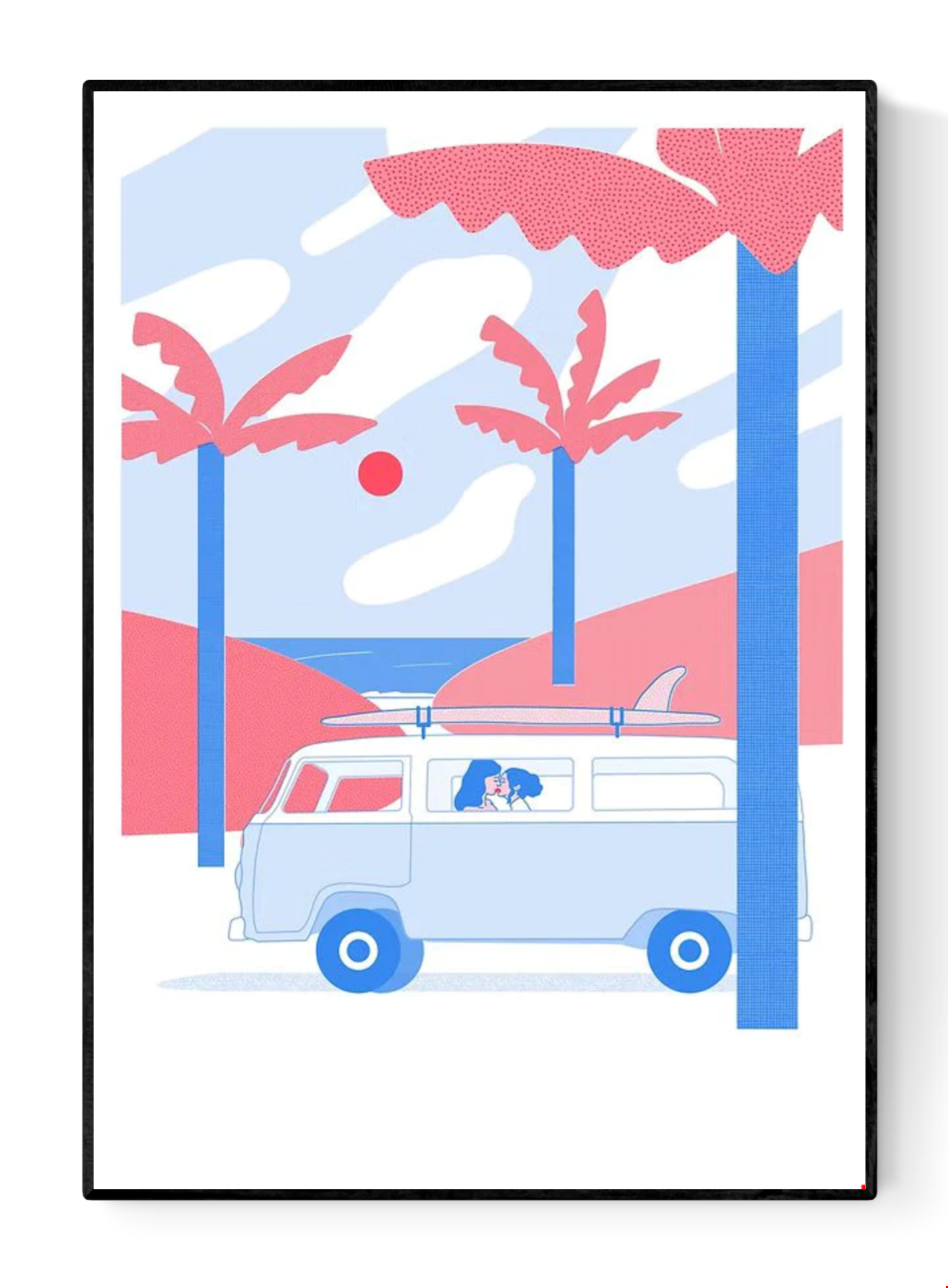 A2 risograph print by Belgian illustrator Studio Stoutpoep featuring a colorful retro campervan named Fanny, inspired by a road trip in Sardinia, printed in limited edition with eco-friendly inks.