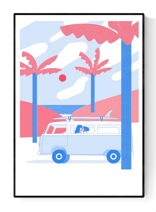 A2 risograph print by Belgian illustrator Studio Stoutpoep featuring a colorful retro campervan named Fanny, inspired by a road trip in Sardinia, printed in limited edition with eco-friendly inks.