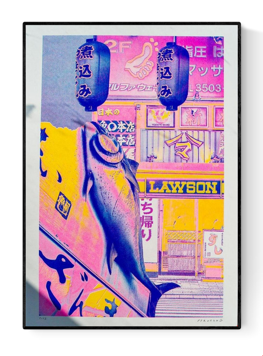 A3 risograph collage print of a surreal Tokyo street scene with fish and lanterns by PTRVRKD, handmade in bold pink, blue, and yellow tones.