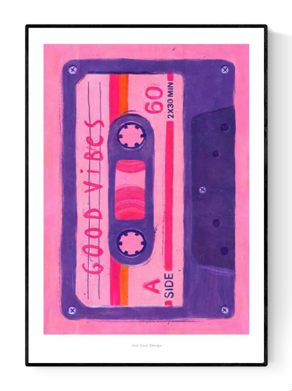 Colorful Giclée art print of a retro pink and purple cassette tape labeled “Good Vibes,” designed by Just Cool Design. 80s-inspired wall art that adds cheerful, nostalgic energy to modern interiors—perfect for music lovers and vintage decor fans.