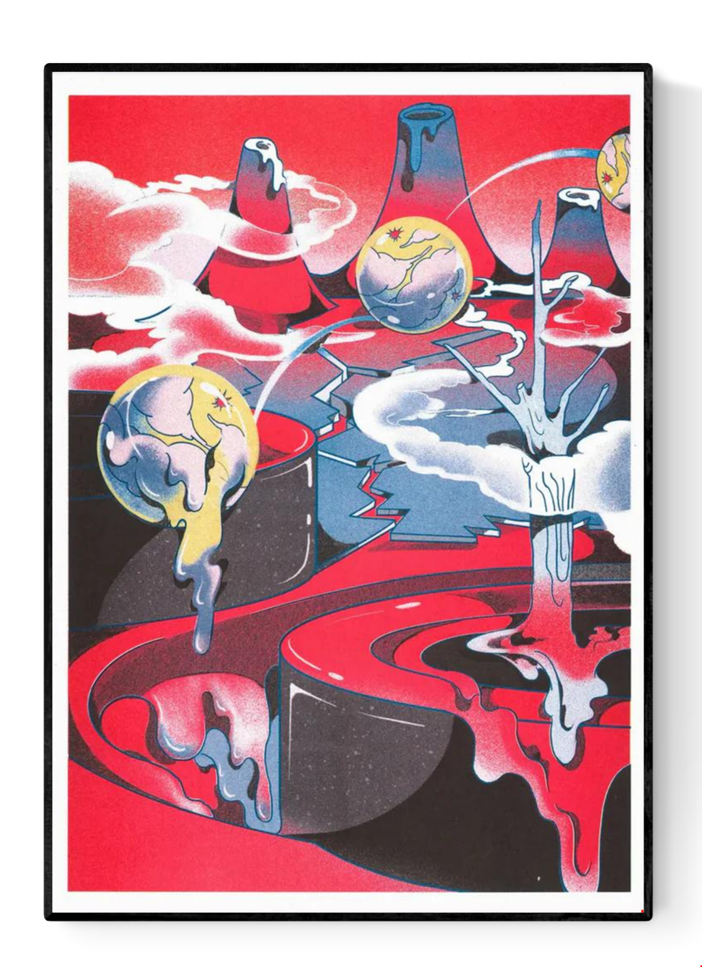 Surreal, vibrant-colored illustration of an abstract volcanic landscape with floating spheres dripping cosmic matter over a red and blue terrain. Psychedelic modern art with a dreamlike atmosphere, perfect for creative interiors and contemporary art lovers.