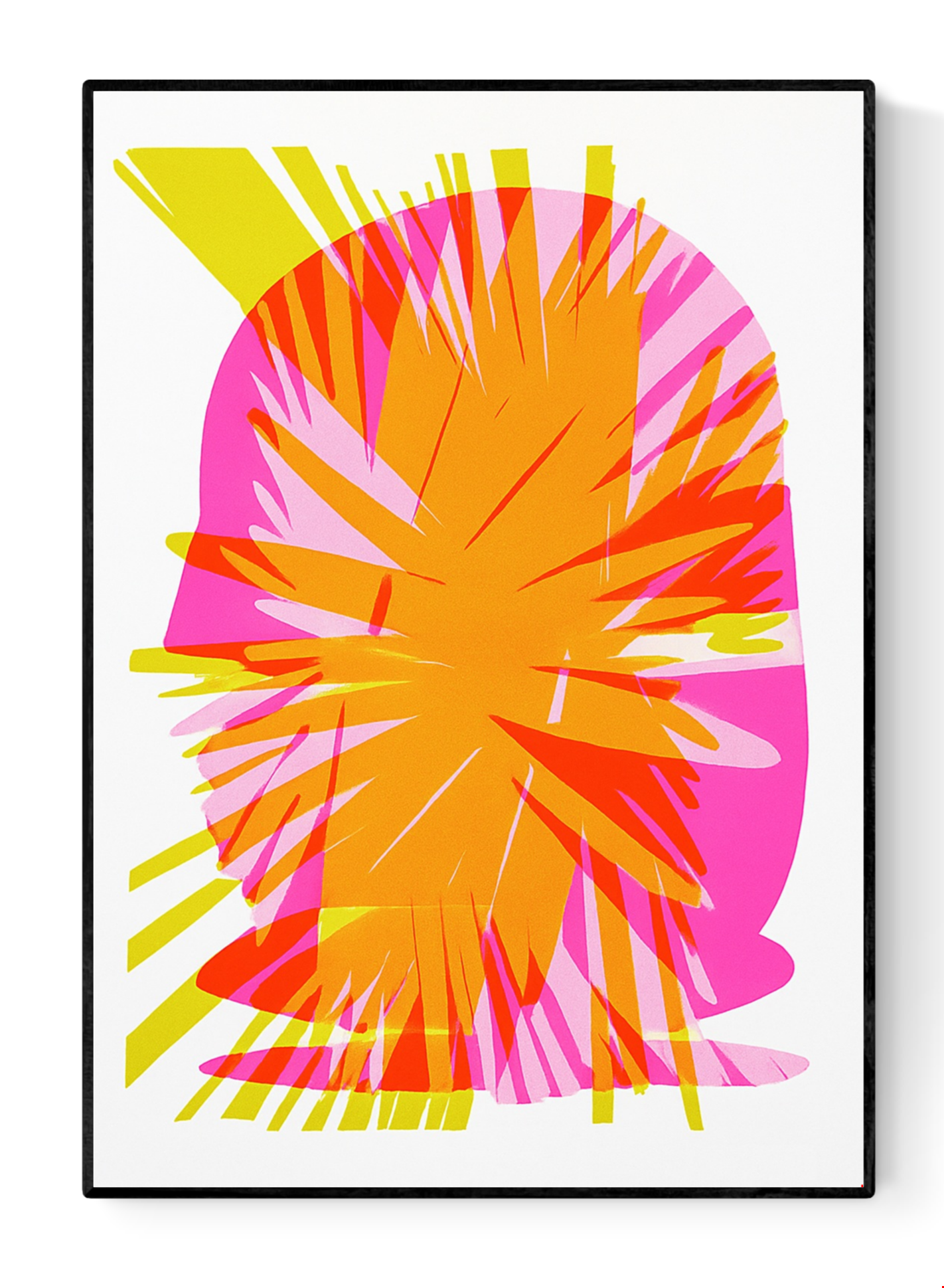 Abstract A3 risograph art print by PTRVRKD featuring vibrant layers of orange, pink, and yellow with bold, graphic explosion design – limited edition, handprinted in the Netherlands