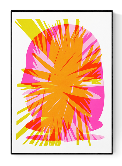 Abstract A3 risograph art print by PTRVRKD featuring vibrant layers of orange, pink, and yellow with bold, graphic explosion design – limited edition, handprinted in the Netherlands