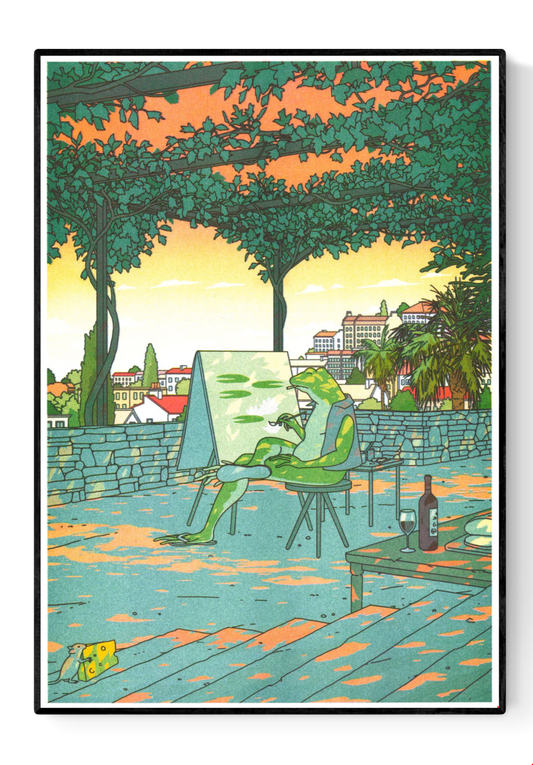 Risograph art print by Liam Cobb featuring a frog artist painting outdoors under leafy trees at sunset, with a glass of wine and city view in the background. Surreal, colorful, and contemplative illustration combining humor, nature, and modern design — perfect for art lovers and collectors in Belgium, the Netherlands, France, and Germany.