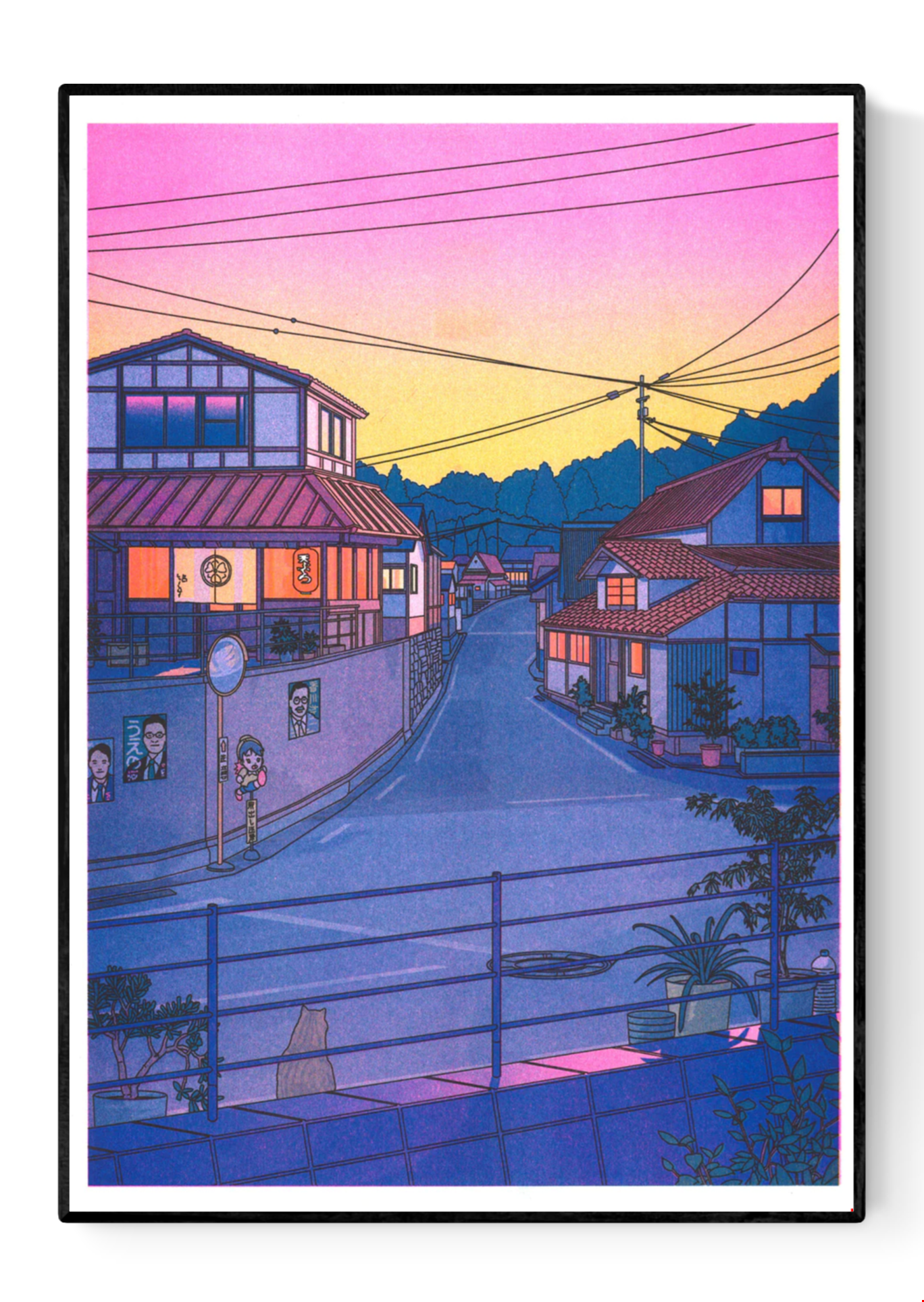 “Nowhere in Japan” risograph print by Liam Cobb – A3 art print showing a calm Japanese suburban street at sunset with pink, purple, and yellow hues, power lines above, and a cat in the foreground. Retro-inspired color palette, cinematic light, and detailed linework create a nostalgic and poetic atmosphere. Perfect for lovers of Japanese urban scenery and modern illustration.