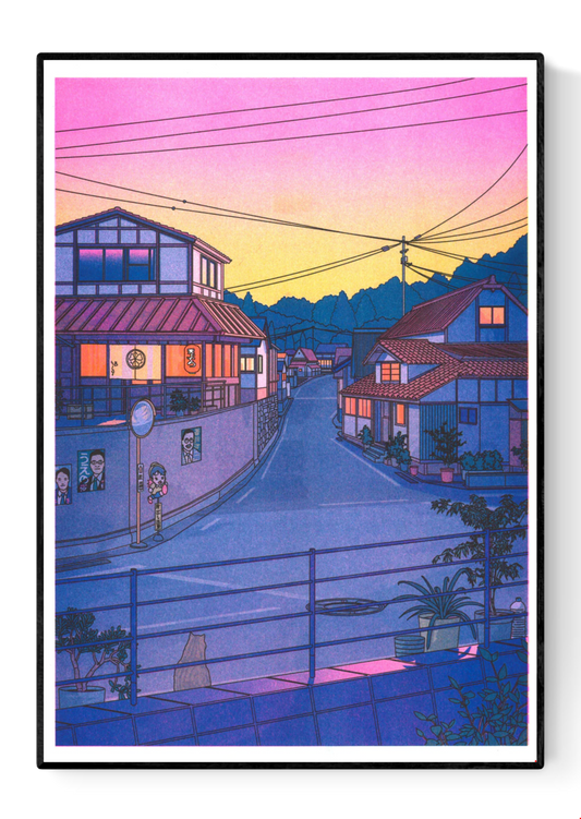 “Nowhere in Japan” risograph print by Liam Cobb – A3 art print showing a calm Japanese suburban street at sunset with pink, purple, and yellow hues, power lines above, and a cat in the foreground. Retro-inspired color palette, cinematic light, and detailed linework create a nostalgic and poetic atmosphere. Perfect for lovers of Japanese urban scenery and modern illustration.