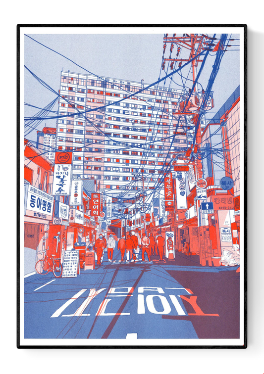 Vibrant risograph print by French illustrator Matthieu Surrel depicting a busy Seoul street filled with power lines, neon signs, and pedestrians, printed in bold red and blue tones on Munken White paper. A3 art print inspired by Myeong-dong’s paper and printing district, perfect for fans of contemporary urban illustration.
