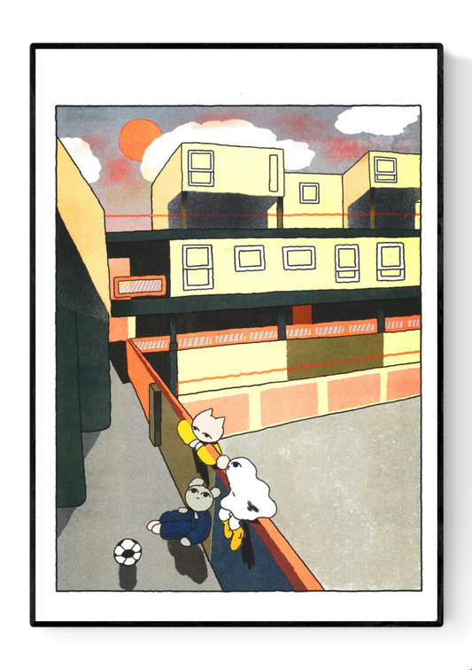Colorful risograph print Estate Hang by Hel Covell showing three playful characters and a soccer ball in a modern urban courtyard at sunset, with geometric buildings and warm orange light — a nostalgic and tender artwork celebrating friendship and everyday life.