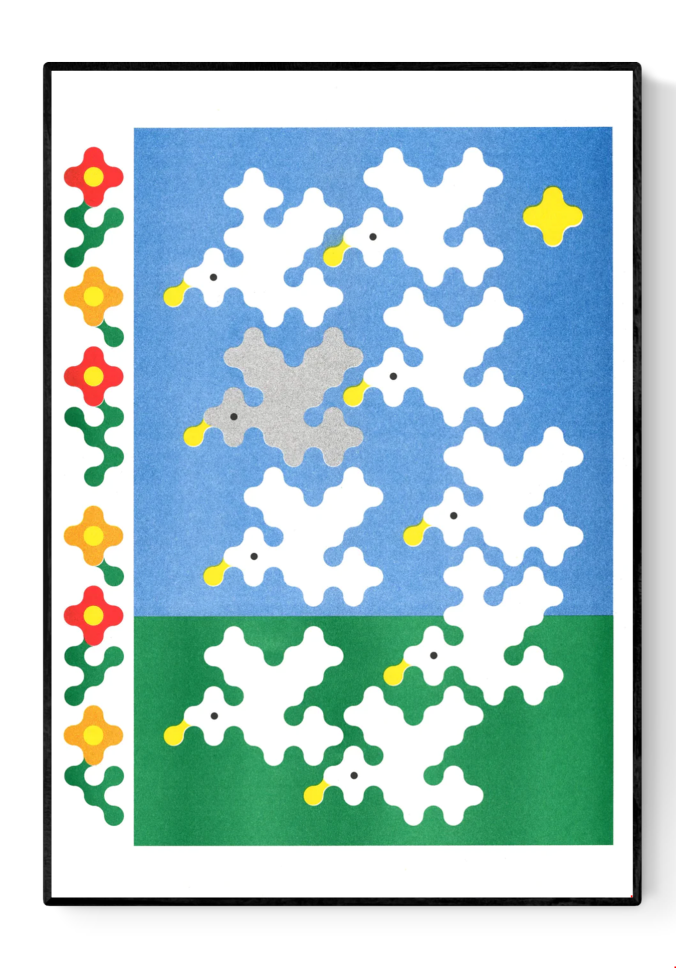 Colorful risograph art print titled Nine Birds by Joe O'Donnell. Features stylized white and gray birds with yellow beaks flying over a blue and green background, framed by red and yellow flowers. Modern geometric illustration blending nature and minimal digital design.