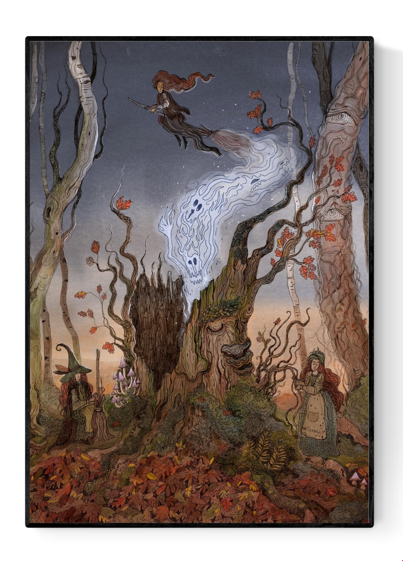 A4 Giclée print titled "Witches Tree" by Lena Yampolski, featuring witches, a flying broom, an enchanted talking tree, and autumn forest details in a Slavic fairytale-inspired illustration.