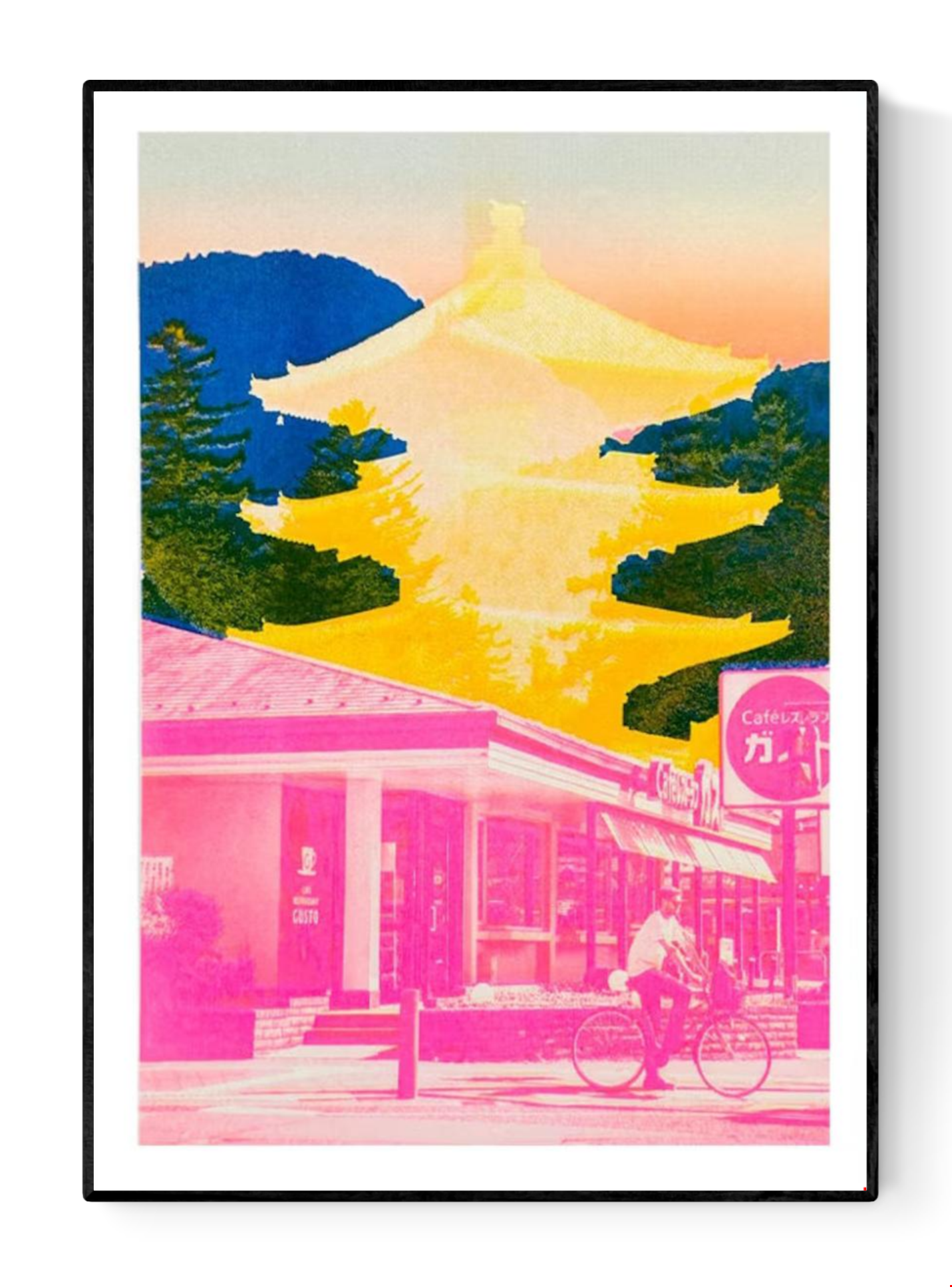 Bold Japan-inspired art print with pink urban street scene, cyclist, yellow Fuji pagoda silhouette and deep blue mountain background – Fuji Landscape Collage 2 by Dutch artist PTRVRKD, A3 risograph print, limited edition.