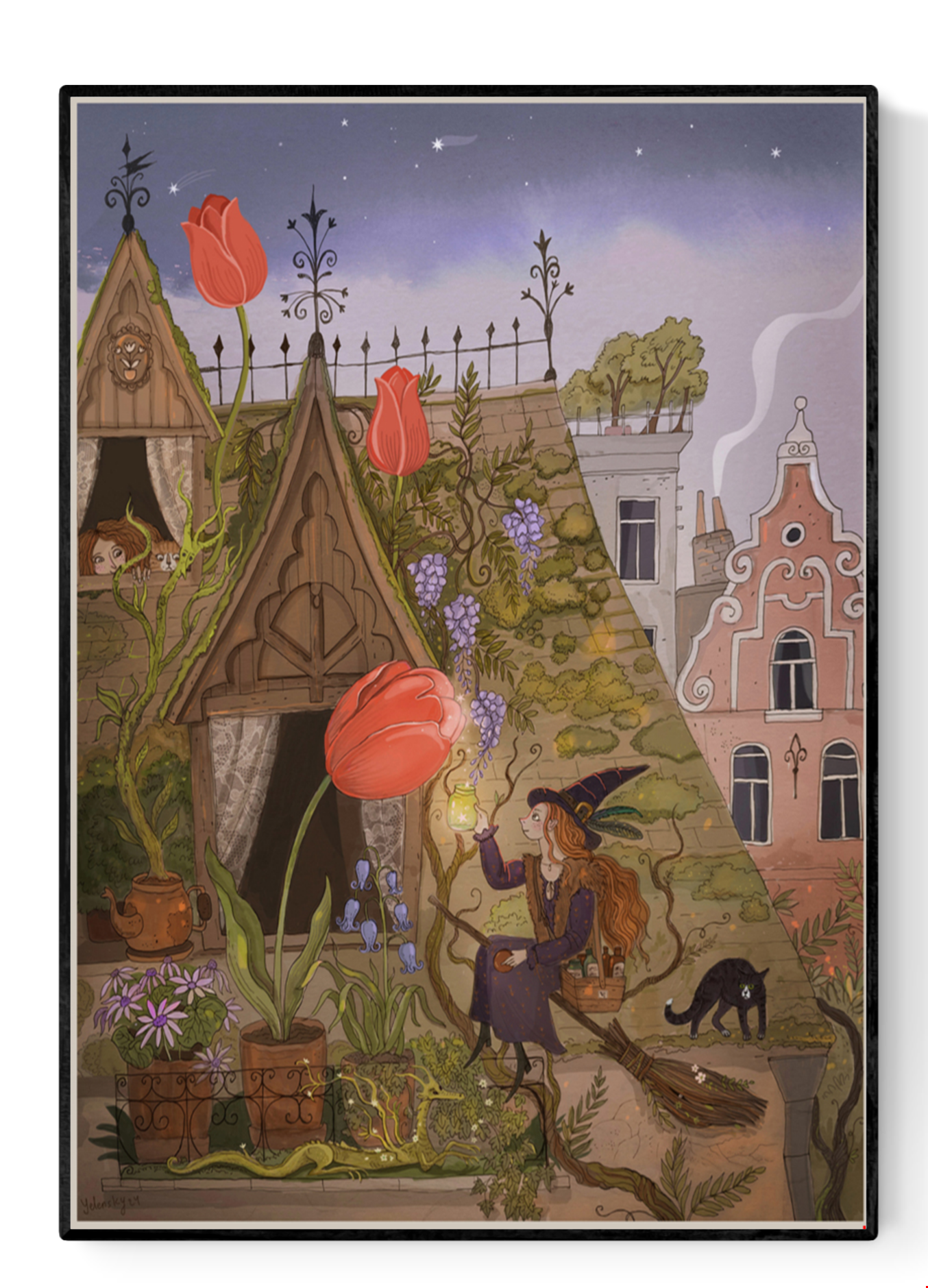 A4 Giclée print titled Tulips of Marolles by Lena Yampolski, showing a witch tending a rooftop garden with oversized tulips and wisteria in Brussels' Marolles neighborhood. Richly detailed illustration printed on 180g matte fine art paper in Belgium. Whimsical folk art with fantasy elements.
