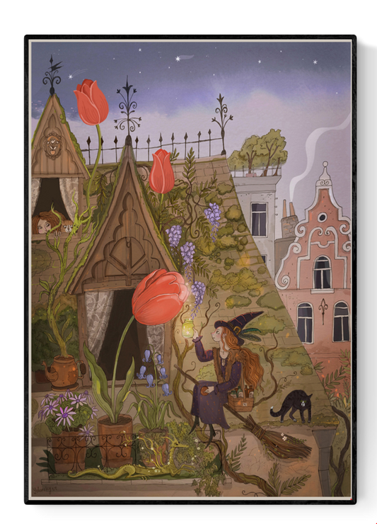 A4 Giclée print titled Tulips of Marolles by Lena Yampolski, showing a witch tending a rooftop garden with oversized tulips and wisteria in Brussels' Marolles neighborhood. Richly detailed illustration printed on 180g matte fine art paper in Belgium. Whimsical folk art with fantasy elements.