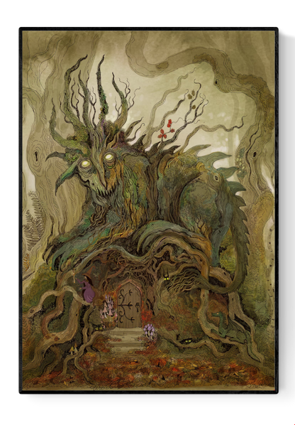 Detailed fantasy illustration by Lena Yampolski titled The Guard, showing a giant tree creature with glowing eyes protecting a wooden door in a forest. Rich earthy colors, roots, branches, mushrooms, and a small figure in purple cloak evoke an enchanted, fairy-tale atmosphere. Giclée fine art print, 23 x 29.2 cm.