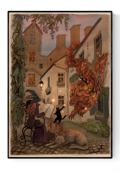 Enchanting giclée art print by Lena Yampolski featuring a whimsical witch reading a spellbook in a charming Antwerp courtyard with a black cat, a glowing leaf creature, and warm streetlight tones. Perfect wall art for lovers of fantasy, witches, and European magic scenes.