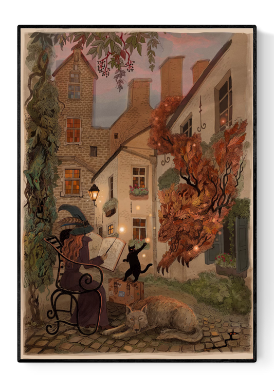 Enchanting giclée art print by Lena Yampolski featuring a whimsical witch reading a spellbook in a charming Antwerp courtyard with a black cat, a glowing leaf creature, and warm streetlight tones. Perfect wall art for lovers of fantasy, witches, and European magic scenes.