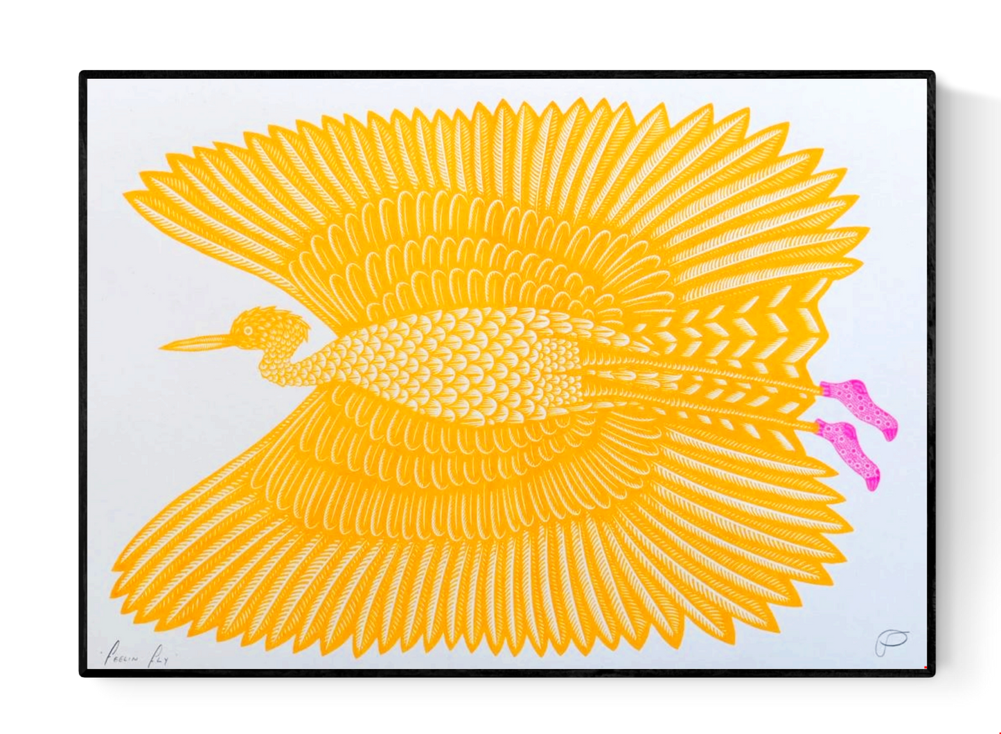 Vibrant risograph art print of a golden-yellow bird in flight wearing humorous pink polka-dot socks, titled Feelin’ Fly by Strangford, printed on recycled A3 paper in Northern Ireland.