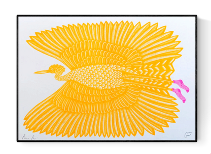 Vibrant risograph art print of a golden-yellow bird in flight wearing humorous pink polka-dot socks, titled Feelin’ Fly by Strangford, printed on recycled A3 paper in Northern Ireland.