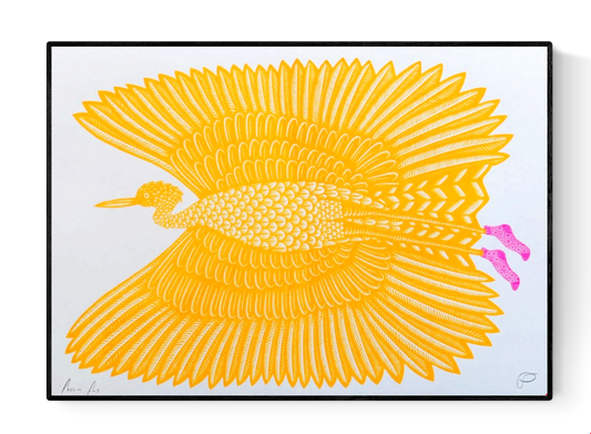 Vibrant risograph art print of a golden-yellow bird in flight wearing humorous pink polka-dot socks, titled Feelin’ Fly by Strangford, printed on recycled A3 paper in Northern Ireland.