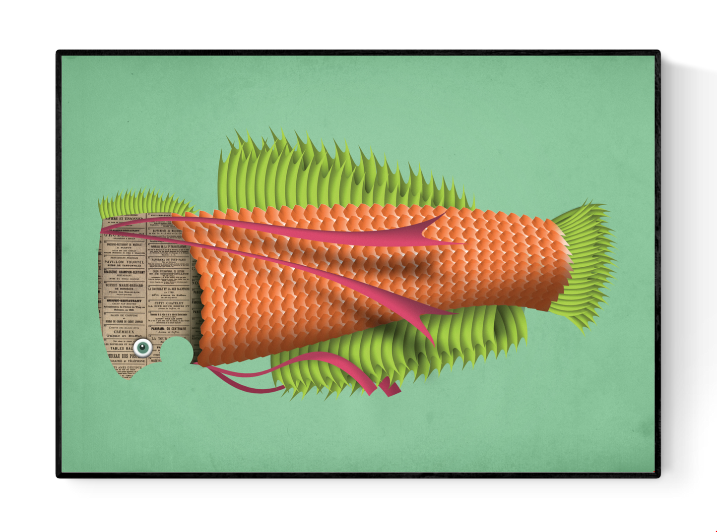 "Eduard the Fish" art print by Studio Frits – imaginative digital illustration of an orange and green stylized fish with textured scales, vibrant fins, and a newspaper-textured head, perfect for modern art lovers and playful home decor, available at Galerie Frits.