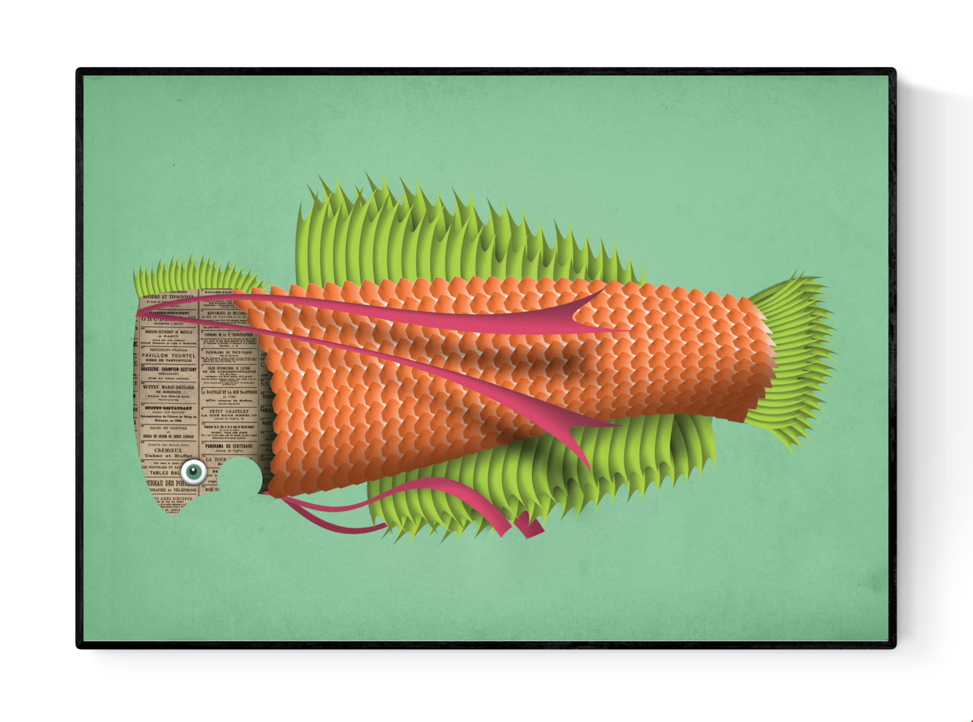 "Eduard the Fish" art print by Studio Frits – imaginative digital illustration of an orange and green stylized fish with textured scales, vibrant fins, and a newspaper-textured head, perfect for modern art lovers and playful home decor, available at Galerie Frits.