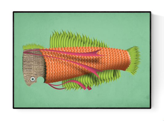 "Eduard the Fish" art print by Studio Frits – imaginative digital illustration of an orange and green stylized fish with textured scales, vibrant fins, and a newspaper-textured head, perfect for modern art lovers and playful home decor, available at Galerie Frits.