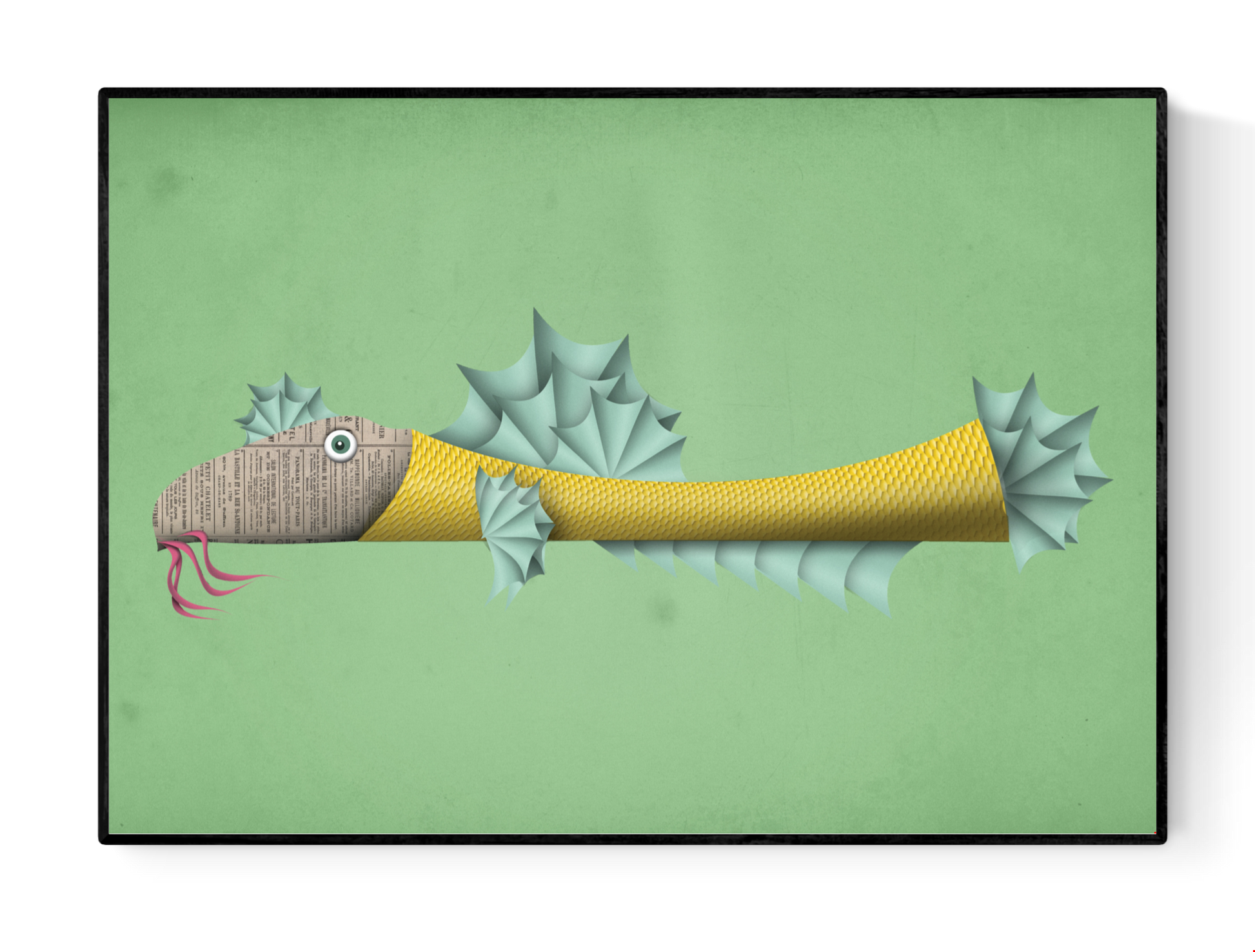 Whimsical illustration of a yellow fish with a newspaper-textured face and spiky blue fins on a green background – Fishy Frank art print by Studio Frits, perfect for playful wall decor and ocean-themed interiors, available at Galerie Frits