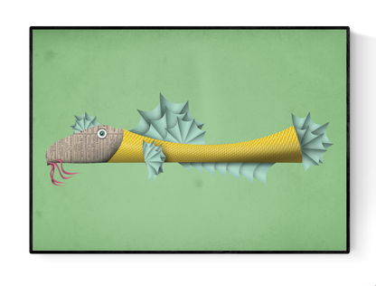 Whimsical illustration of a yellow fish with a newspaper-textured face and spiky blue fins on a green background – Fishy Frank art print by Studio Frits, perfect for playful wall decor and ocean-themed interiors, available at Galerie Frits