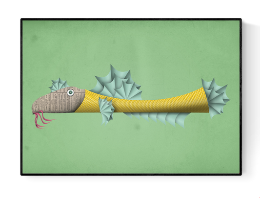Whimsical illustration of a yellow fish with a newspaper-textured face and spiky blue fins on a green background – Fishy Frank art print by Studio Frits, perfect for playful wall decor and ocean-themed interiors, available at Galerie Frits