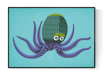 Colorful illustration of a whimsical purple octopus with textured tentacles and a green patterned head on a turquoise background, titled Ignatio the Octopus by Studio Frits – playful marine-themed A4 art print for ocean lovers and children's decor.