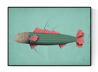 Colorful illustration of a whimsical fish with a newspaper-textured head and pink fins by Studio Frits, modern ocean-themed wall art print, 21 x 29.7 cm, made in Belgium.