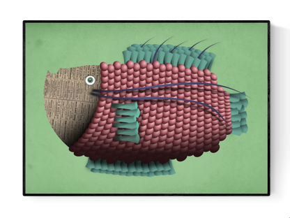 Colorful fish illustration with textured pink scales, teal fins, and a newspaper-textured head on a green background – whimsical aquatic art print by Studio Frits, titled Jeanne P’oisson, 21 x 29.7 cm.