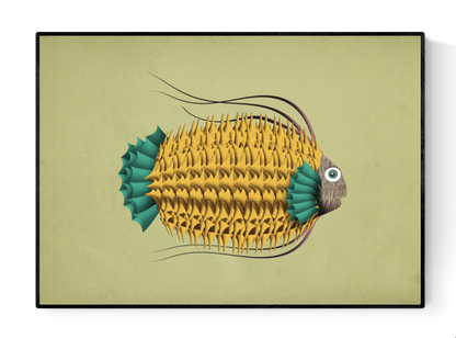 A4 art print titled Leon Le Poisson by Studio Frits – illustration of a yellow and teal fish with rich texture and whimsical details, printed on 300g paper, made in Belgium.