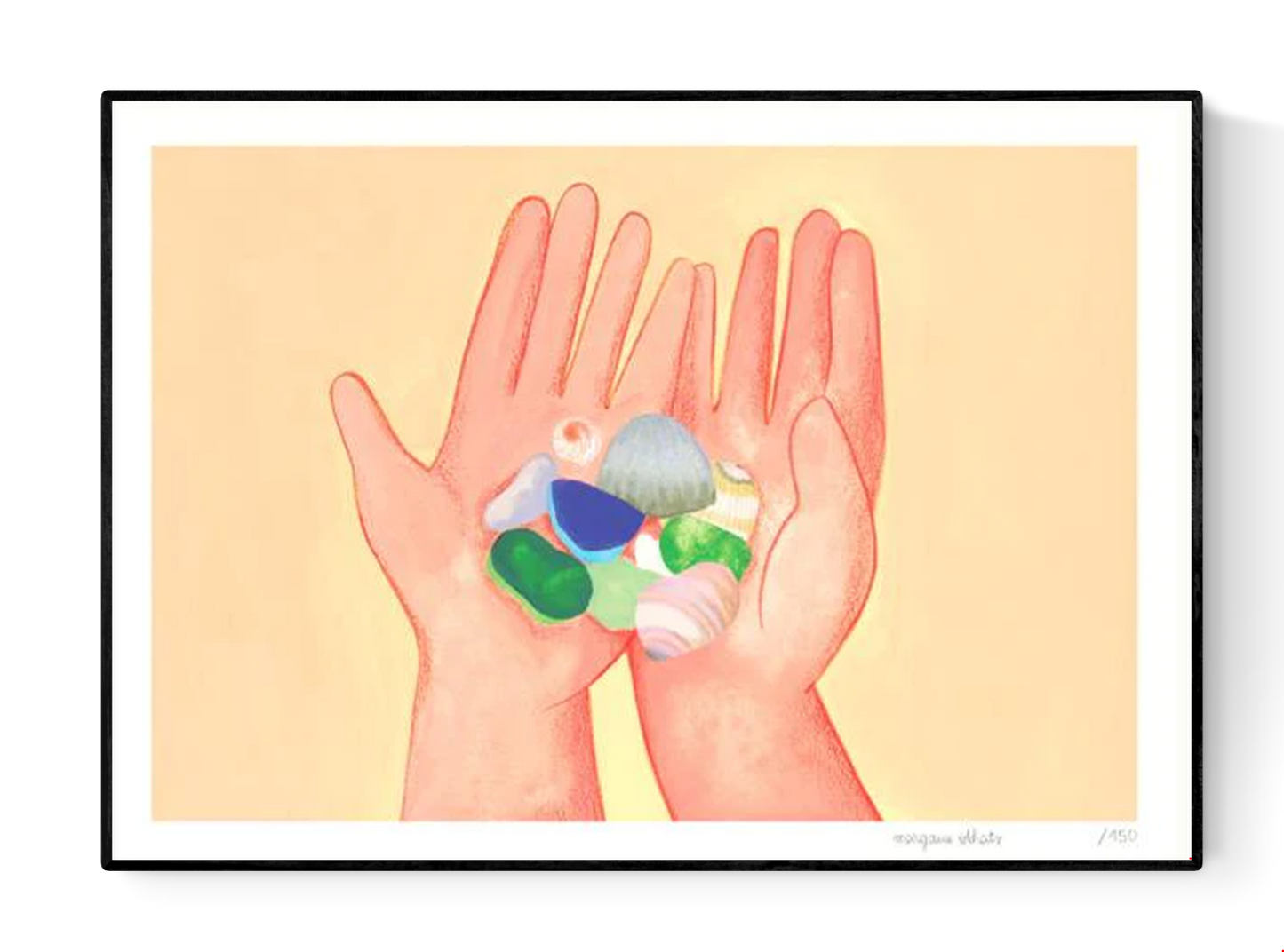 Coquillages by French illustrator Margaux Othats, A3 (29.7 x 42 cm) risograph print in delicate pastel colors. The artwork shows two hands holding seashells and sea glass, evoking summer memories and tenderness. Printed on 150g Munken Print White paper, limited edition of 150 signed and numbered copies, made in Belgium, unframed, packaged with protective sleeve and cardboard backing.