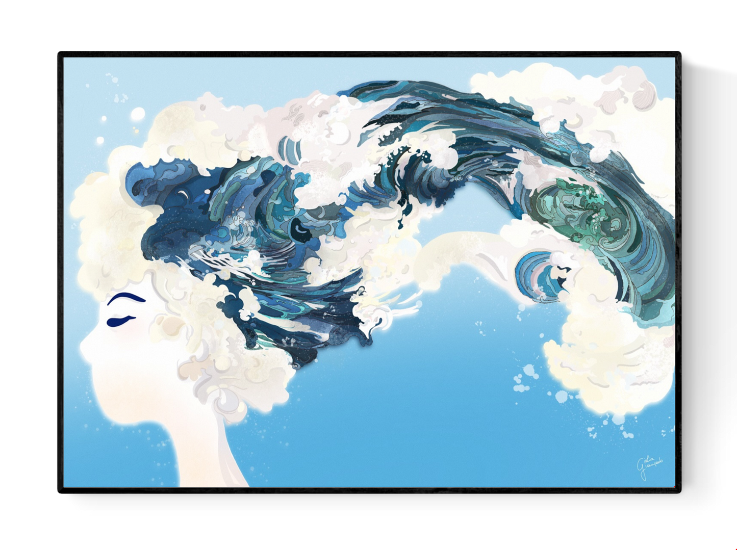 Fine art giclée print by Giu Watercolor of a dreamy female figure with flowing hair that turns into ocean waves, symbolizing freedom and the sea, 30 x 40 cm.