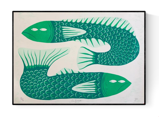 Limited edition risograph art print titled Gill Behaviour by Northern Irish artist Strangford. The artwork features two green fish with expressive eyes, intertwined in a surreal underwater embrace. Printed on recycled A3 paper using linocut and oil-based inks. Edition 56 of 93. Bold, quirky, and handmade—perfect for collectors and lovers of whimsical animal art.