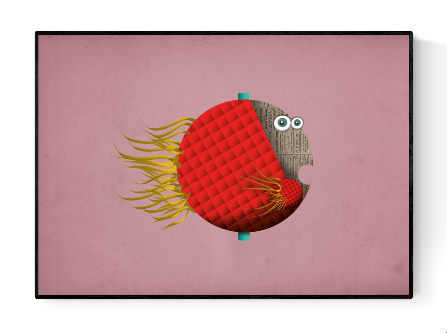 Playful digital illustration of a quirky red fish with yellow fins on a pink background – Manuel Pescado by Studio Frits, 21 x 29.7 cm Belgian art print.