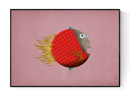 Playful digital illustration of a quirky red fish with yellow fins on a pink background – Manuel Pescado by Studio Frits, 21 x 29.7 cm Belgian art print.