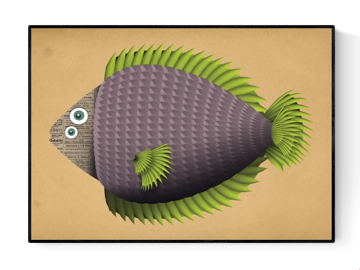 Colorful digital illustration of a geometric purple fish with green fins and wide cartoon eyes – Margot Fish by Studio Frits, Belgian A4 art print on heavyweight paper.
