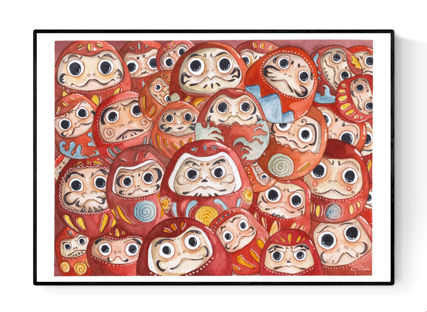 Watercolor illustration of multiple red Daruma dolls with expressive faces and hand-painted details, A3 art print by Giu, contemporary Japanese-inspired wall art for modern home decor.