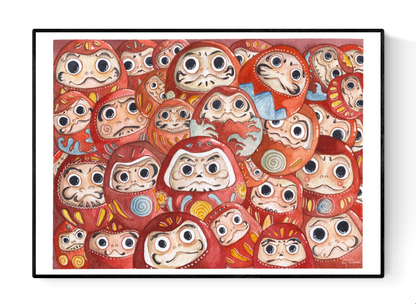 Watercolor illustration of multiple red Daruma dolls with expressive faces and hand-painted details, A3 art print by Giu, contemporary Japanese-inspired wall art for modern home decor.