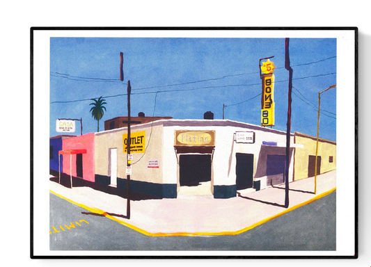 Colorful risograph art print by Japanese illustrator Nao Tatsumi depicting a sunlit street corner in Del Fresno, Mexico City, with vintage signage, palm tree, and pastel buildings under a blue sky — urban landscape art inspired by Google Street View photography, printed on Munken paper, perfect for design and travel lovers.