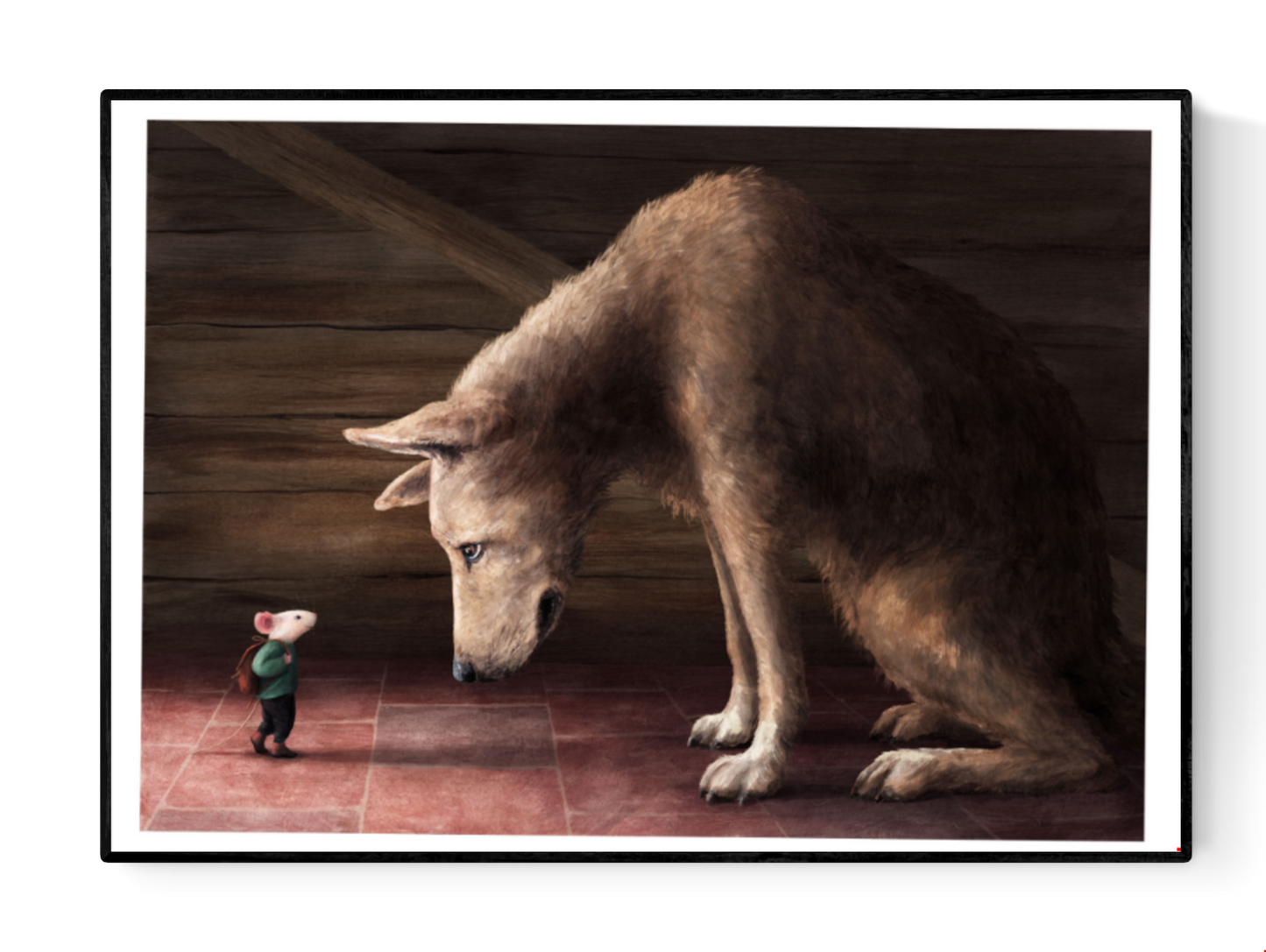 High-quality digital art print A House for Mouse by Stien van Kerckhoven, showing a touching moment between a small mouse with a backpack and a large wolf inside a wooden cabin, symbolizing friendship, courage, and tenderness — perfect wall art for cozy, emotional interiors.