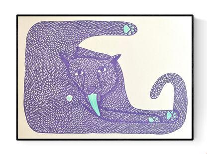 Colorful risograph illustration of a stylized animal with textured purple fur, expressive eyes, and a striking turquoise tongue; titled Wet Ass Penelope by artist Strangford, printed on A3 recycled paper in Northern Ireland.