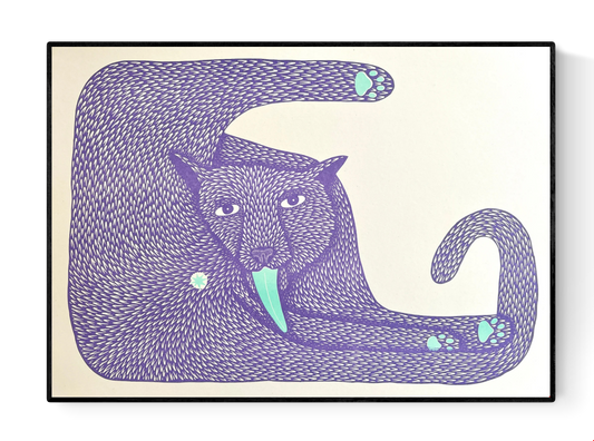 Colorful risograph illustration of a stylized animal with textured purple fur, expressive eyes, and a striking turquoise tongue; titled Wet Ass Penelope by artist Strangford, printed on A3 recycled paper in Northern Ireland.