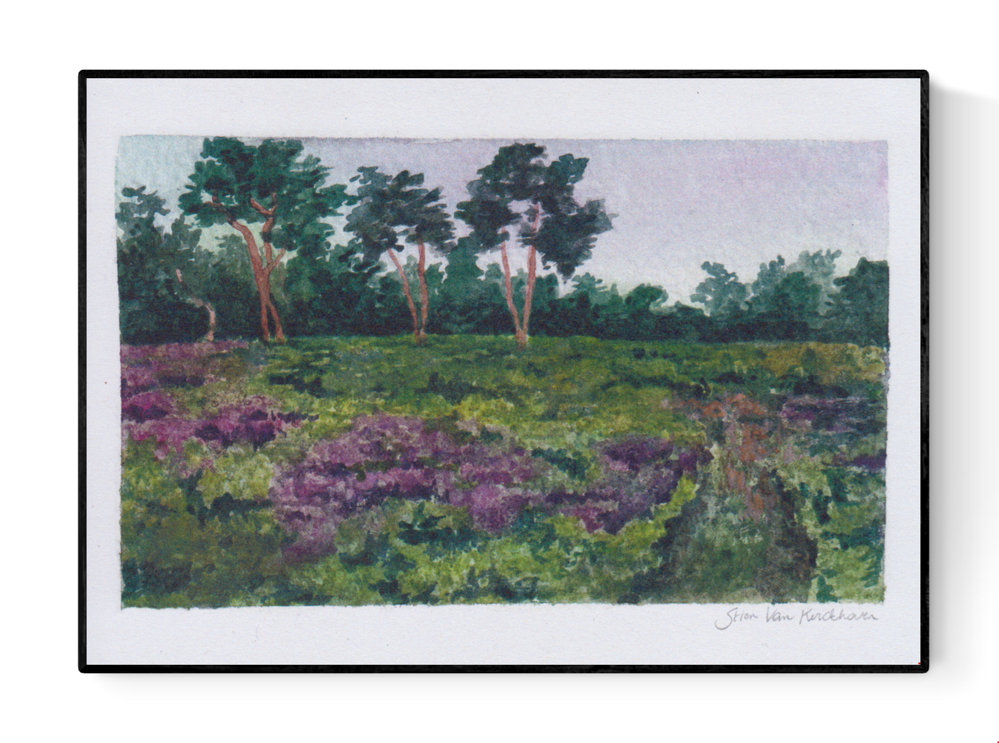 Peaceful countryside landscape print titled Landscape 3 by Belgian illustrator Stien van Kerckhoven, featuring green heath fields and purple wildflowers – A5 size fine art print made in Belgium.